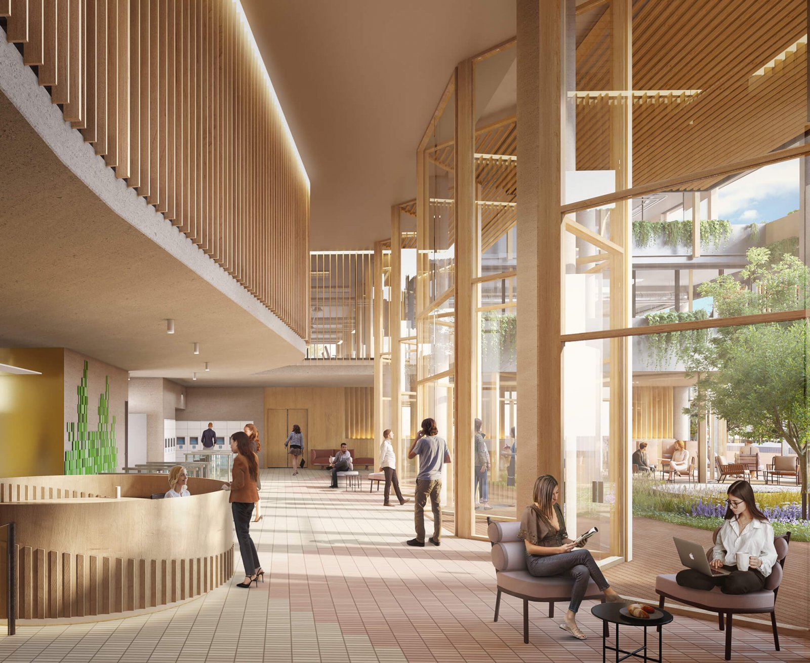 Detail view of the building's hall with wooden details, reception desk and chill out areas to work
