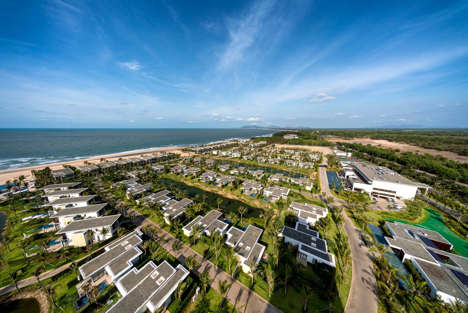 Aerial view of the streets of the Melia Ho Tram hotel by the sea